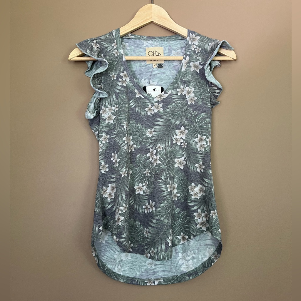 {Chaser} Botanical Print Flutter Sleeve Tee - Womens Xs - Nwt